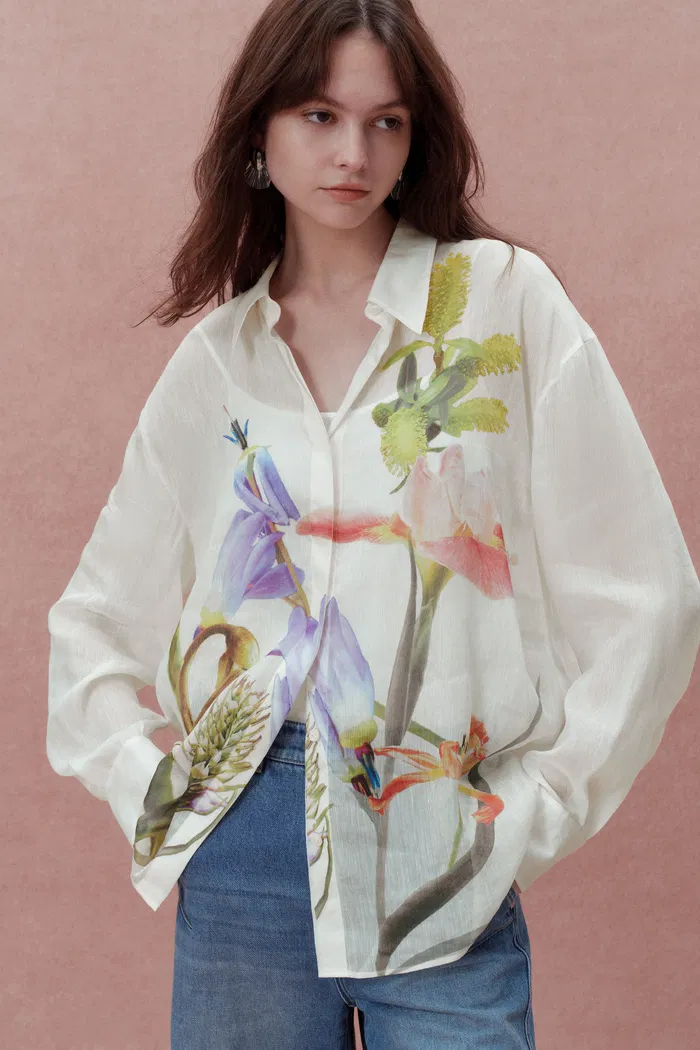 Brielle Oversized Flora Shirt in Silk-Linen Georgette