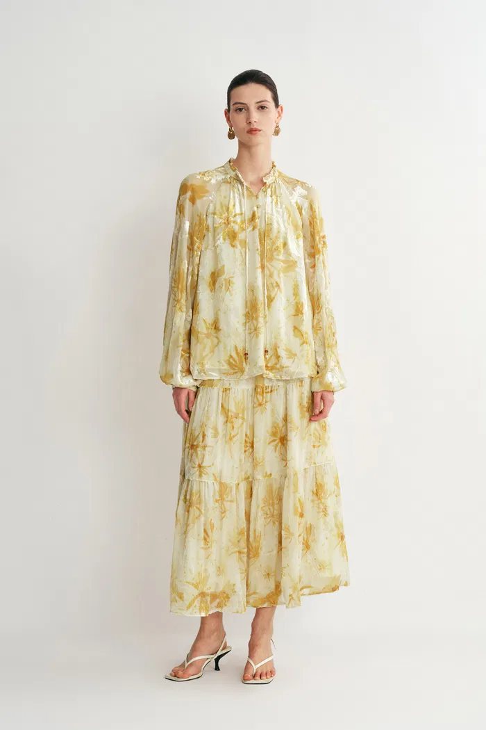 Emery Semi Sheer Sleeve Blouse in Burnout Silk Georgette