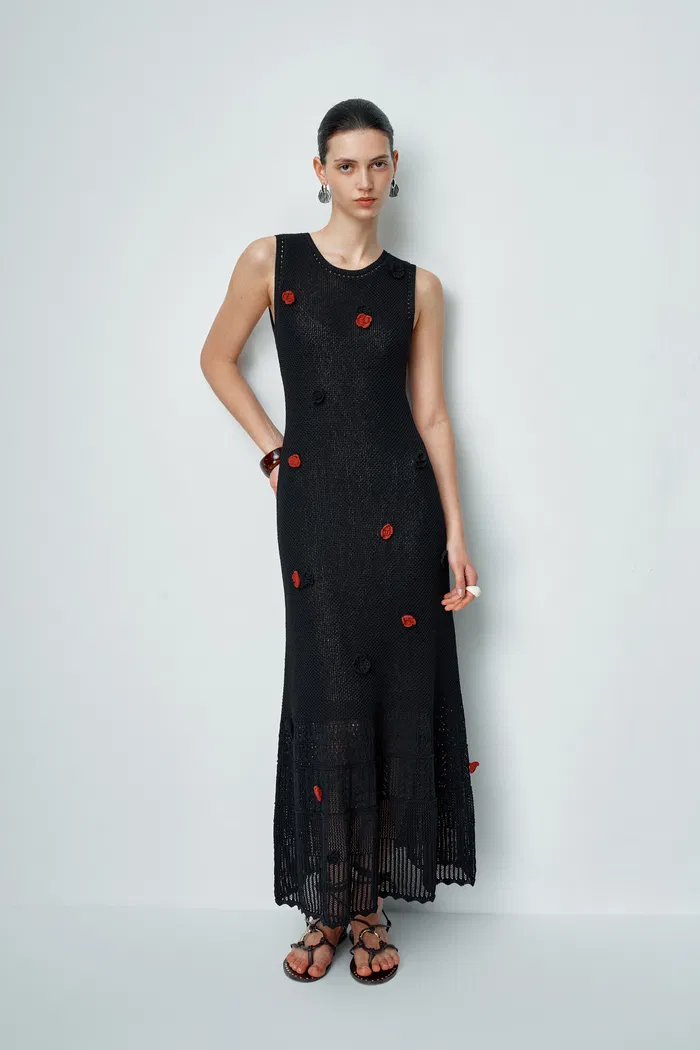 Ellie Black Sleeveless Floral Crochet Dress in Cotton Linen Knit