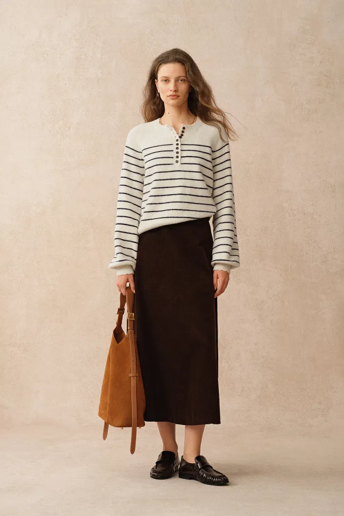 Rhea Scalloped Henley Striped Sweater in Wool-Alpaca Knit