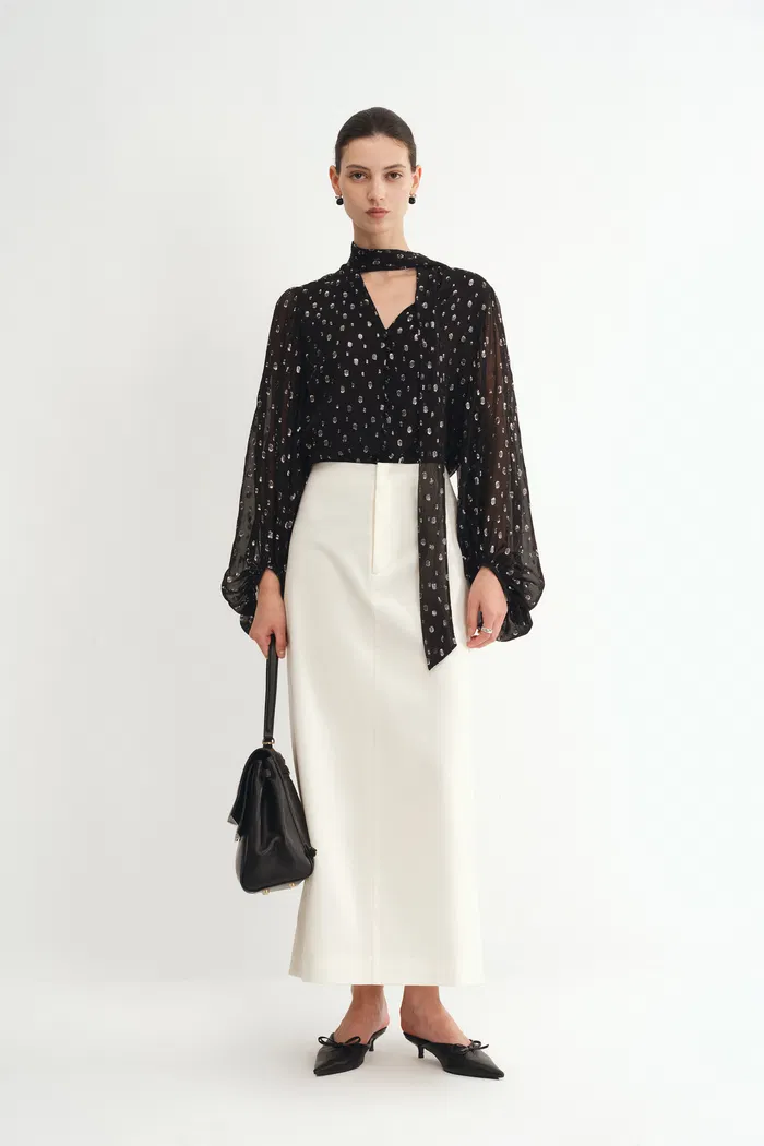 Stars Neck Scarf Blouse Silk Crepe with Metallic Accents