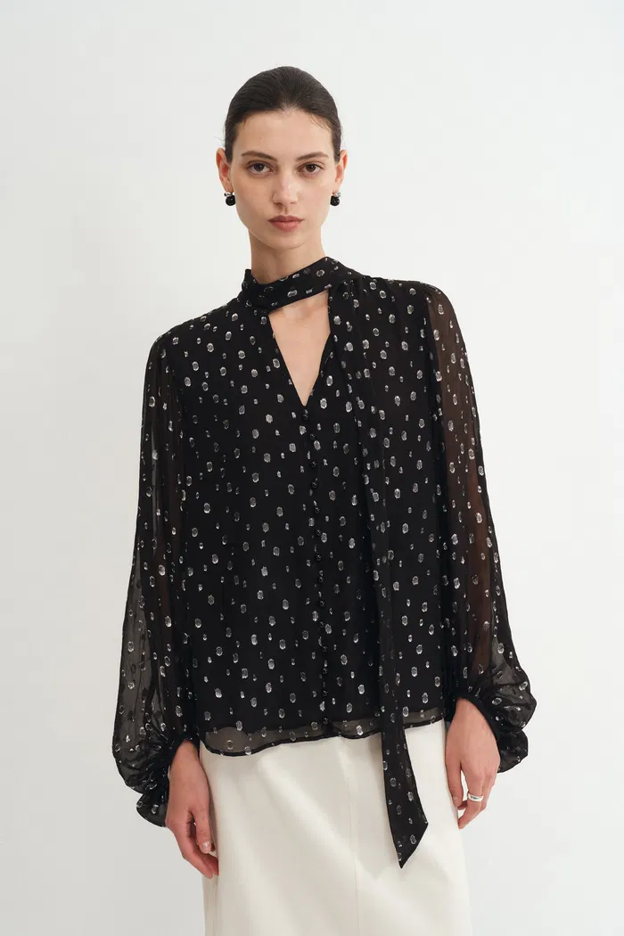 Stars Neck Scarf Blouse Silk Crepe with Metallic Accents