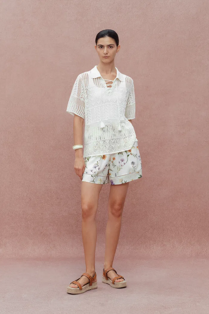 Perla Hand Painted Flora Shorts in Tencel-Ramie