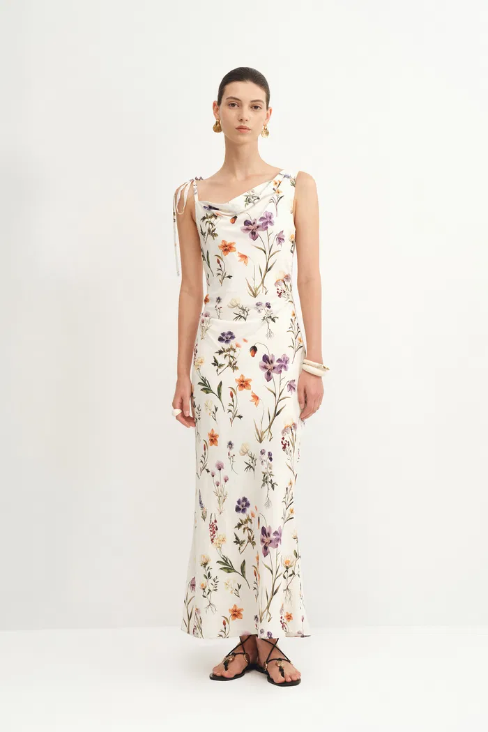 Alice Asymmetrical Draped Flora Dress in Matte Silk Crepe