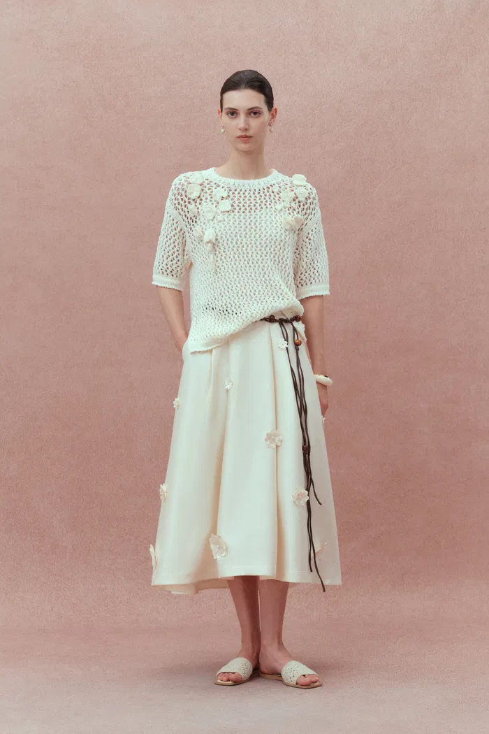 Lea Handcrafted 3D Floral Skirt in Silk-Wool Satin