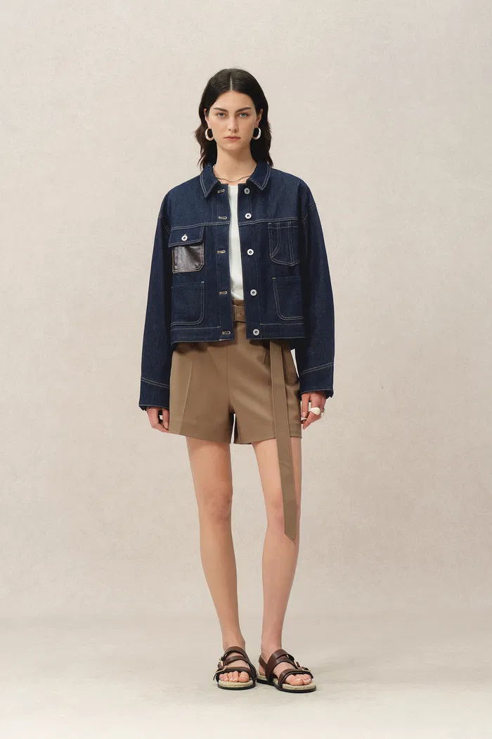 Maya Leather Patchwork Jacket in Raw Tencel Denim