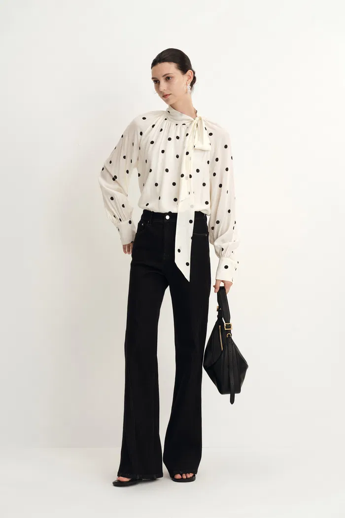 Kari Irregular Polka Dot Flowing Tie Blouse in Silk Satin