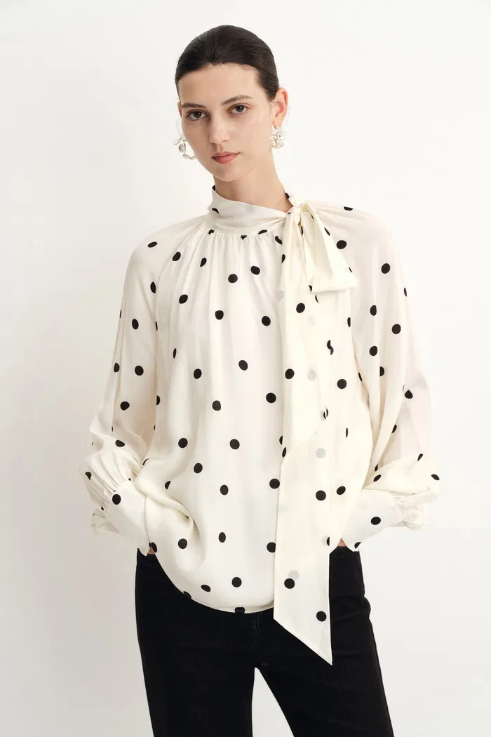 Kari Irregular Polka Dot Flowing Tie Blouse in Silk Satin