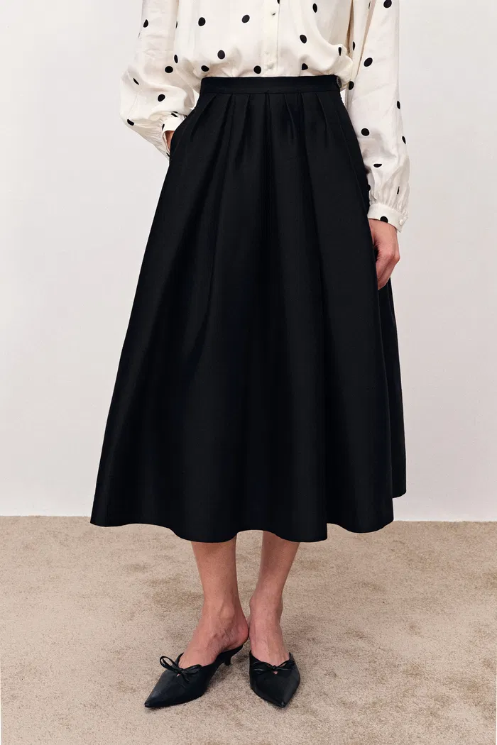 Tia Mixed Width Pleats Midi Bubble Skirt in Fine Silk-Wool Satin