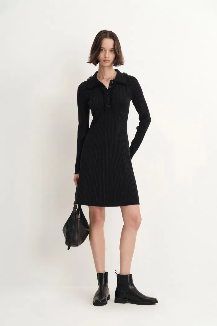 Anja Fringe Collar Long Sleeve Short Dress in Merino Wool Knit