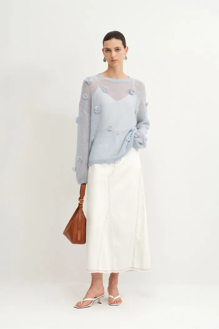 Sally Hand Crochet 3D Floral Camellia Sweater in Mohair Blend