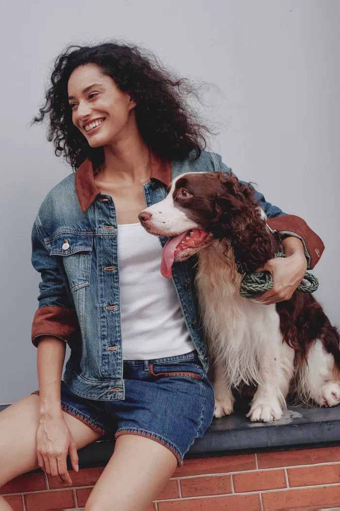 Jennifer Hand Sewn Suede Collar Denim Jacket in Cotton Denim