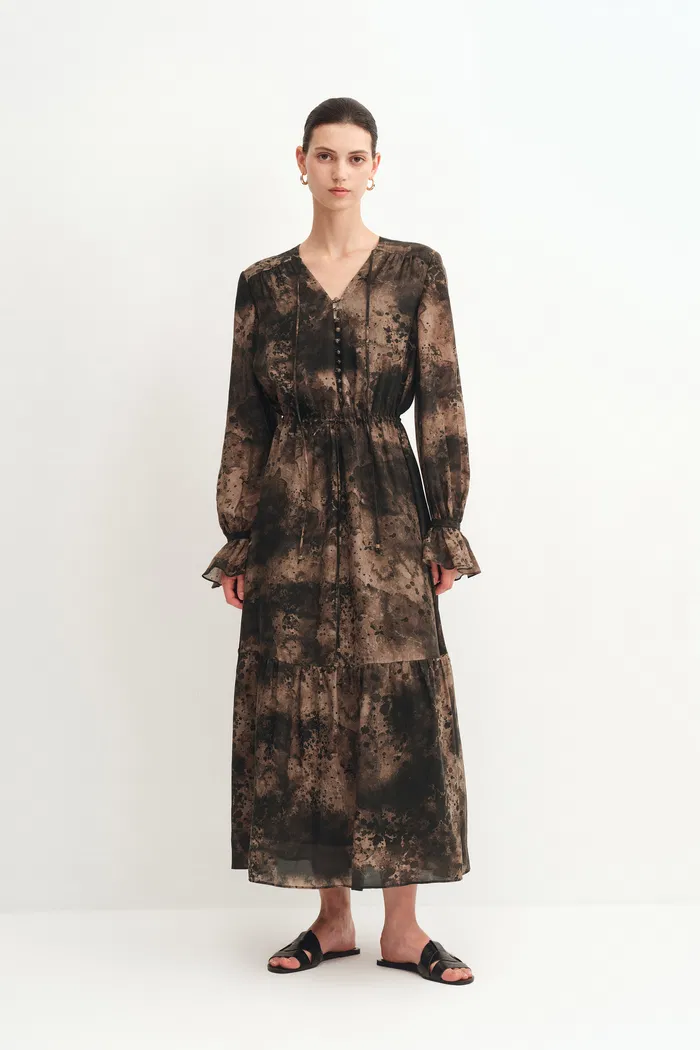 Louise Ink Print Long Sleeve Maxi Dress in Cupro