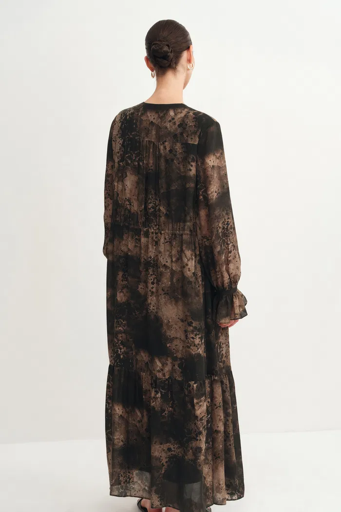 Louise Ink Print Long Sleeve Maxi Dress in Cupro