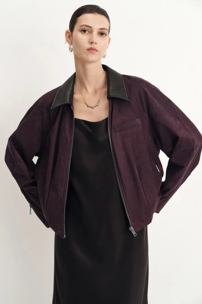 Bass Burgundy Bomber Jacket in Two Tone Faux Suede