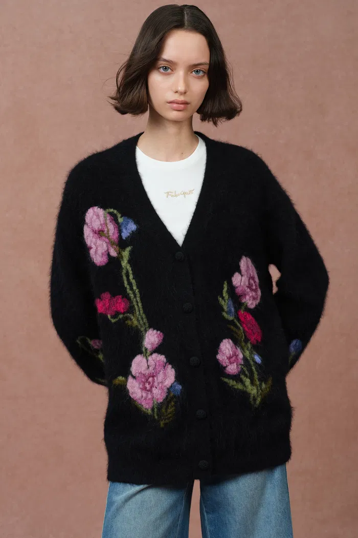Papaver 3D Floral Embroidered Cardigan in Alpaca Blend Knit