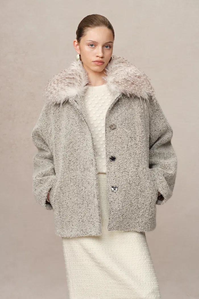 Blossom Detachable Fur Collar Coat in Ultra-Light Alpaca Bouclé
