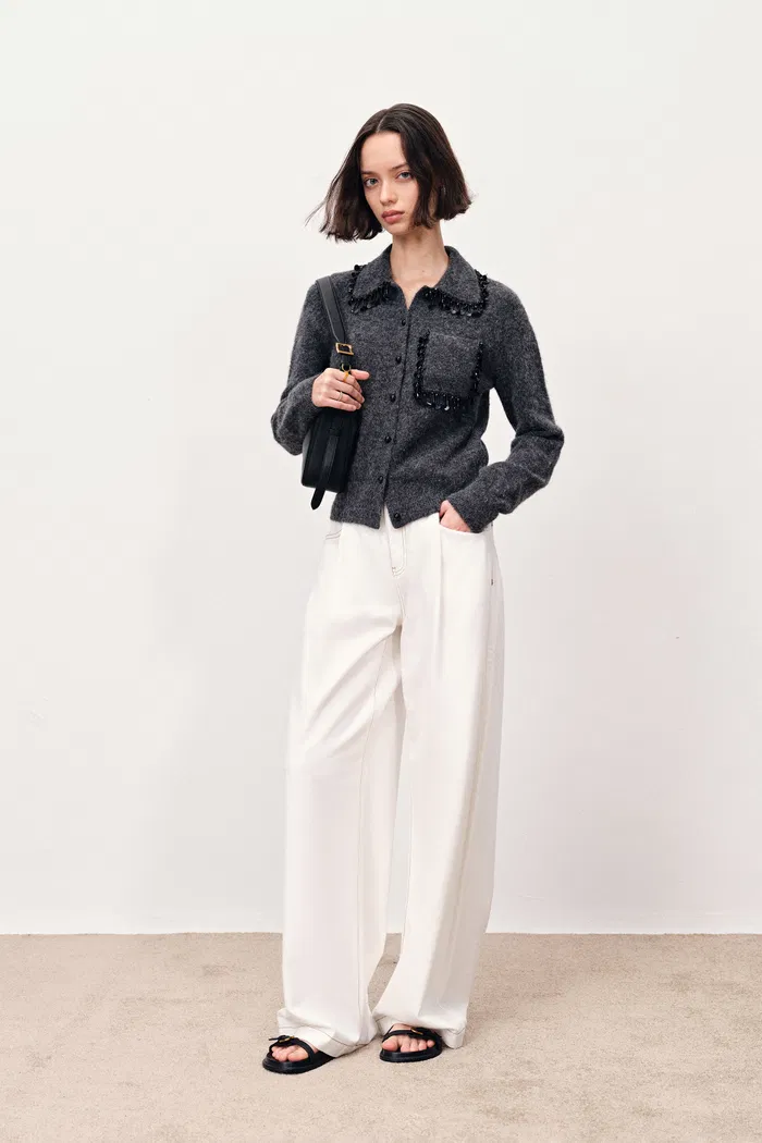 Riley Pressed Pleated Curved Wide Leg Jeans in Lyocell Denim