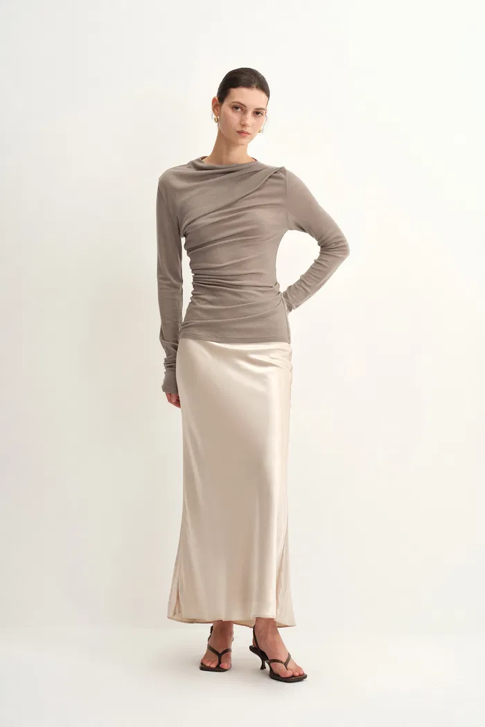 Edith Sculpted Look Gathering Long Sleeve Top in Merino Wool Knit