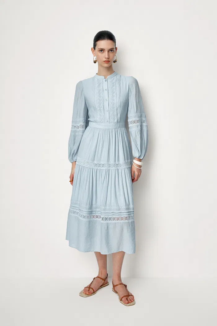 Eloise Cutwork Embroidery Long Puff Sleeve Dress in Fine-Pleated Viscose Blend