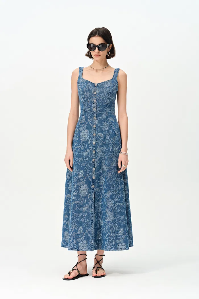 Ella Flora Laserwork Strap Maxi Dress in Cotton Denim