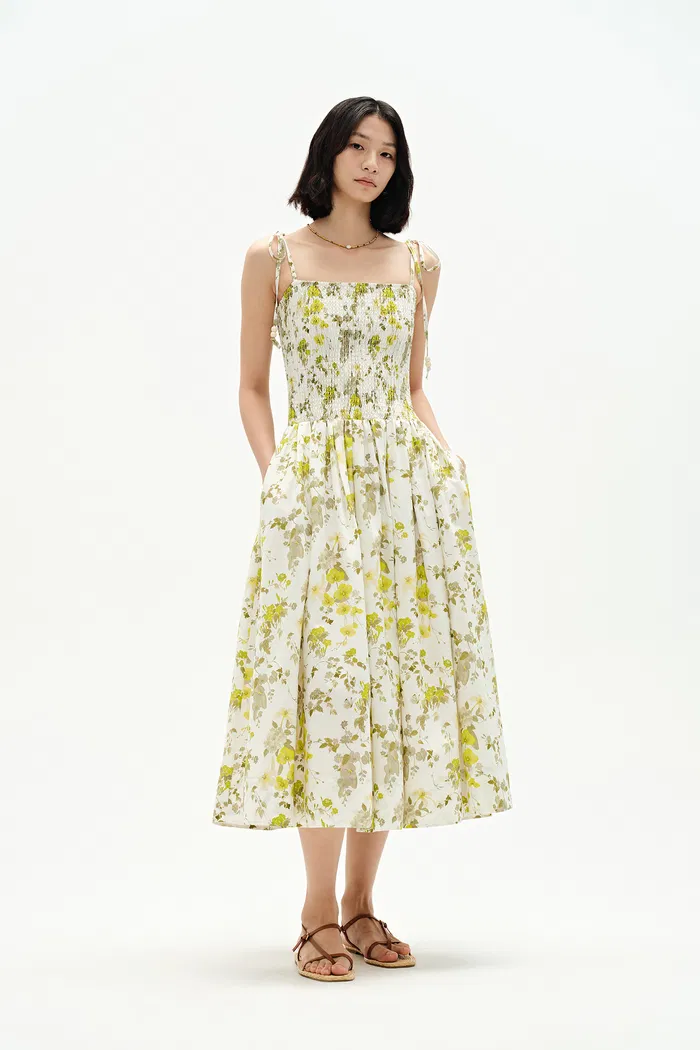 Alice Hand Painted Flora Strap Dress in Silk Cotton