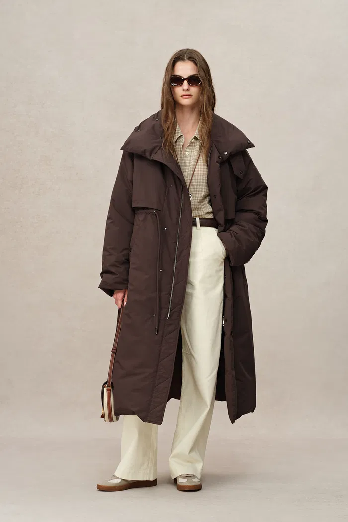 Maddalena UltraLight Brown Long Down Coat in Tear and Water Repellent Fabric
