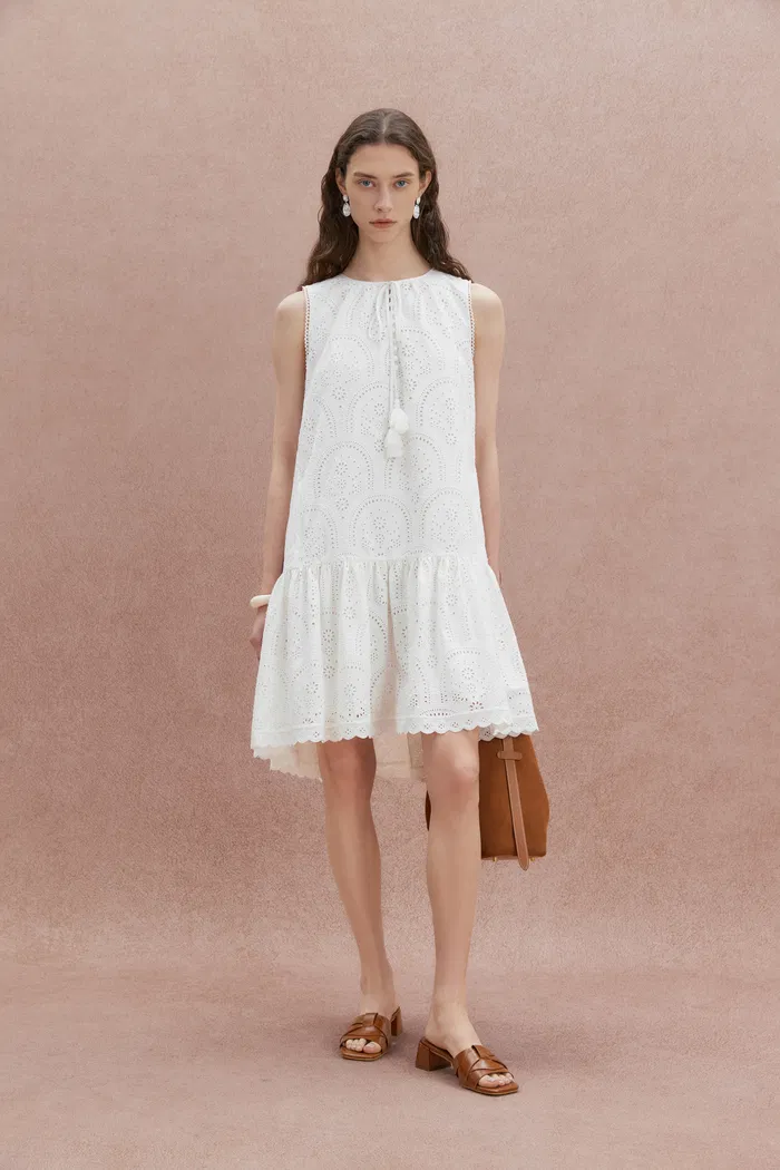 Virna Embroidered Sleeveless Dress in Cotton Poplin