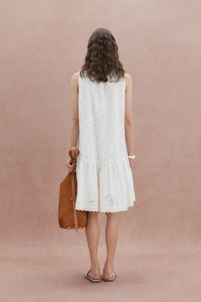 Virna Embroidered Sleeveless Dress in Cotton Poplin