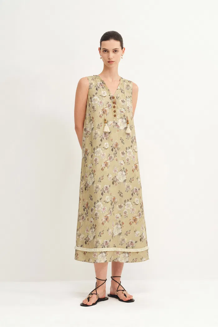 Sienna V Neck Flora Print Dress in Linen
