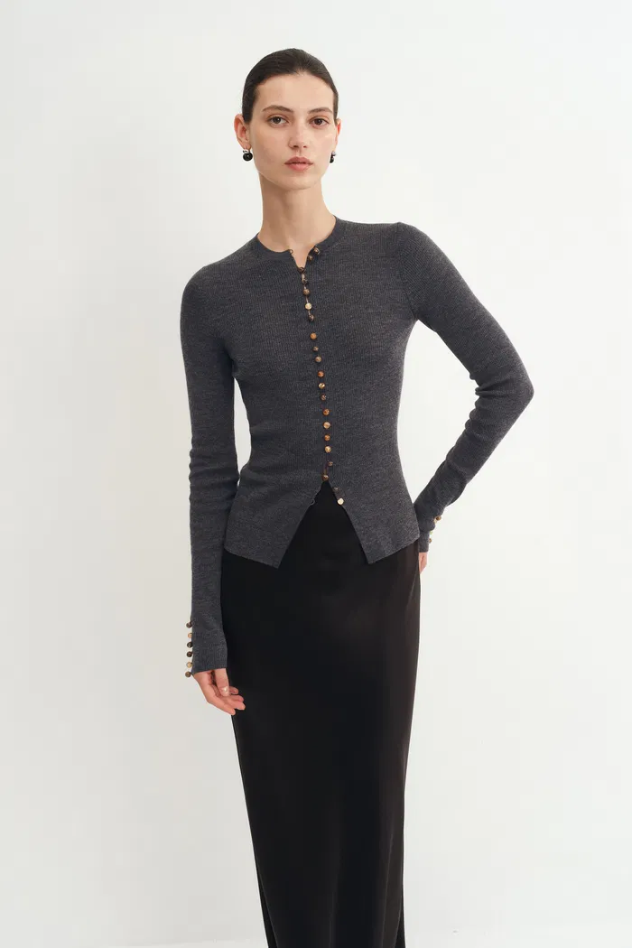 Kaia Hand Sewn Buttons Fitted Grey Cardigan in Merino Wool Knit