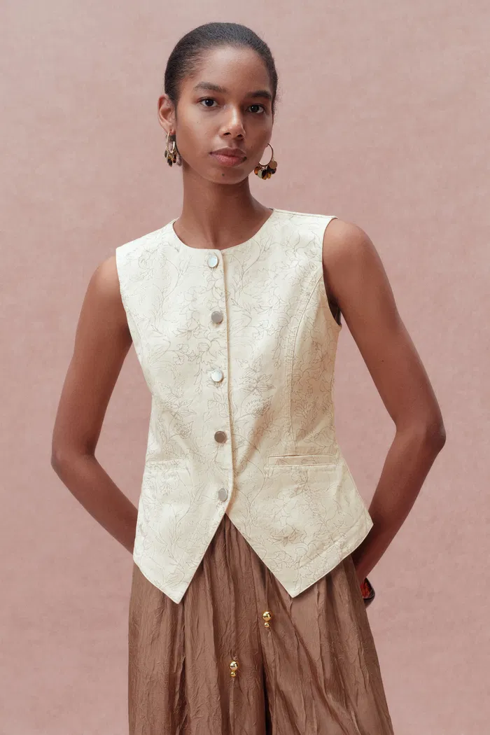 Elodie Cinched Denim Vest Top in Cottonseed Hull Denim