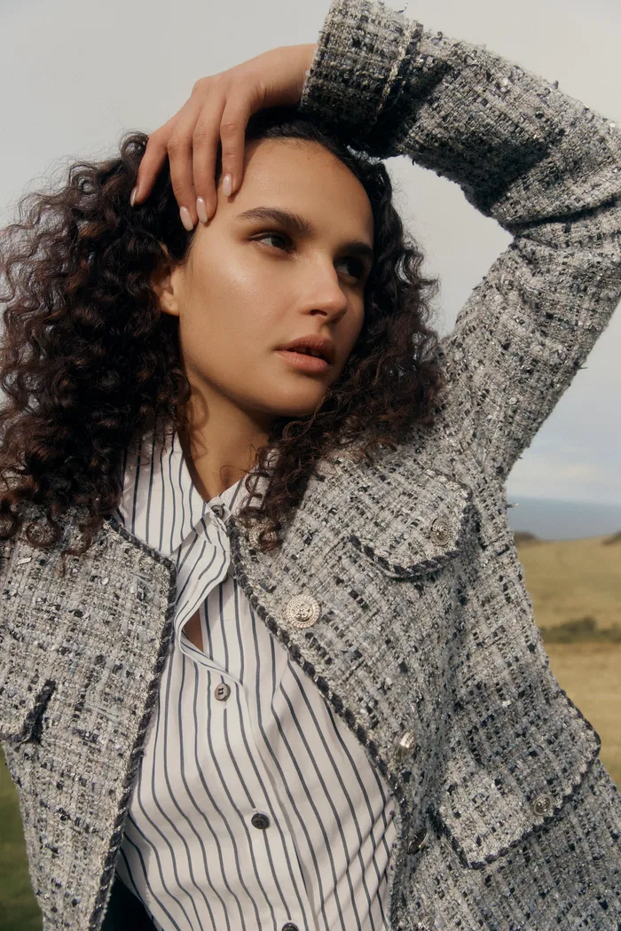 Deauville Hand Woven Trim Crew Neck Tweed Jacket in French BouclÃ©