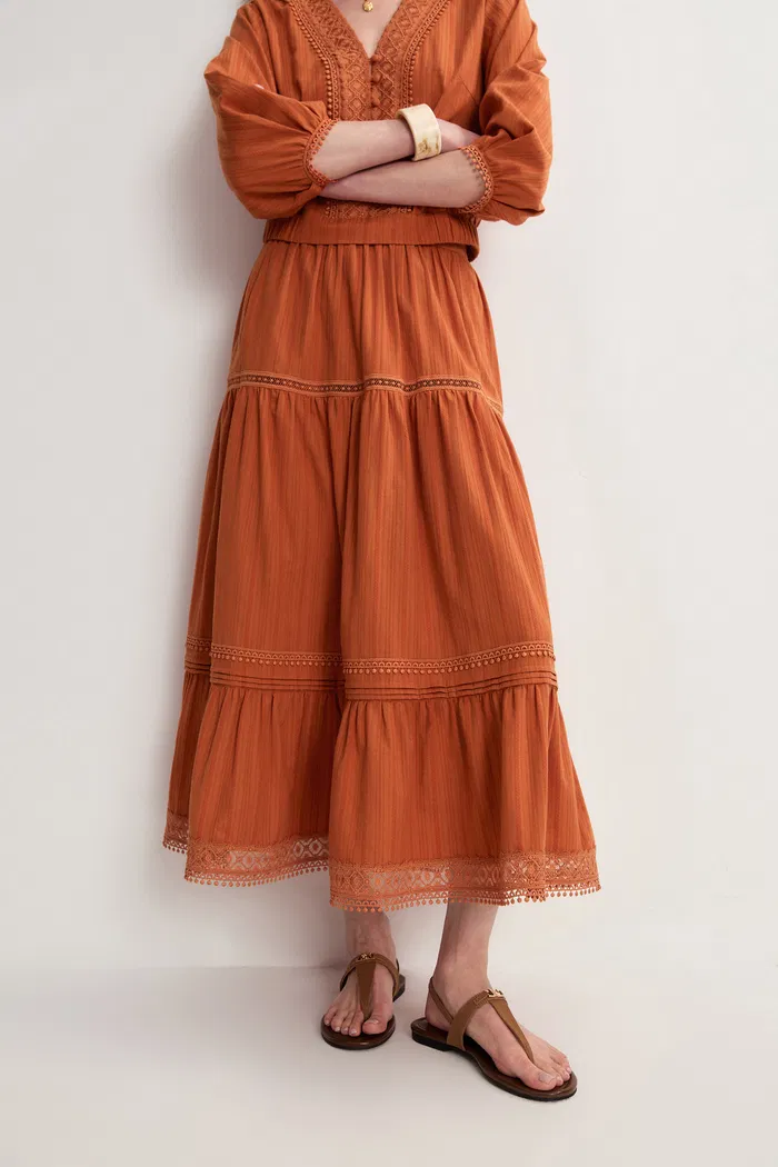 Sybilla Tiered Openwork Maxi Skirt in Cotton