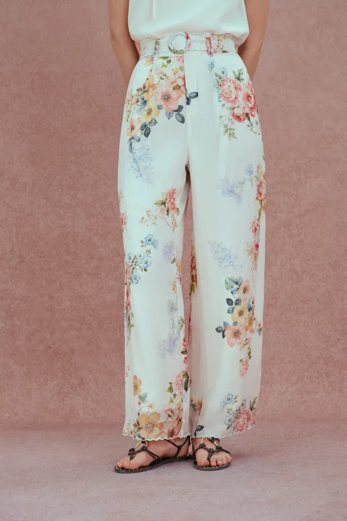 Alice Watercolor Flora Pants in Silk-Linen