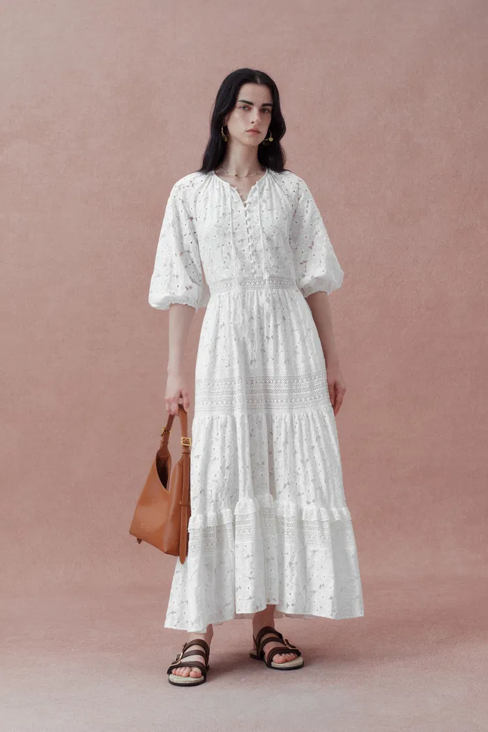 Nora Puff Sleeve Tiered Dress in Embroidered Cotton