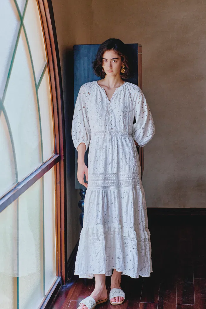 Nora Puff Sleeve Tiered Dress in Embroidered Cotton