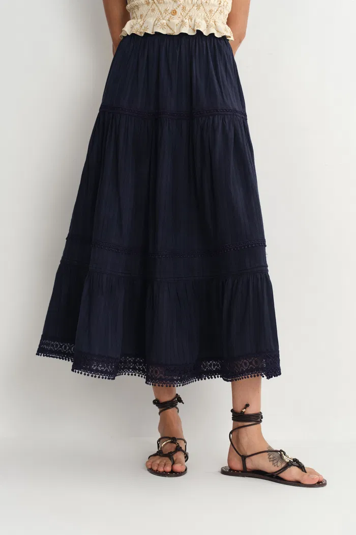 Sybilla Tiered Openwork Maxi Skirt in Cotton