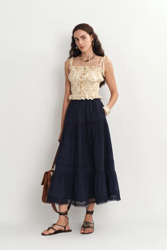 Sybilla Tiered Openwork Maxi Skirt in Cotton