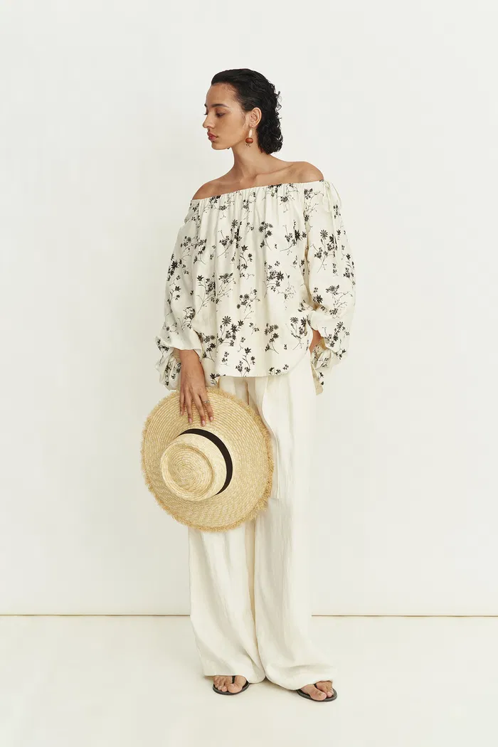 Quillie Hand Painted Print Off Shoulder Long Sleeve Blouse Top in Silk Twill