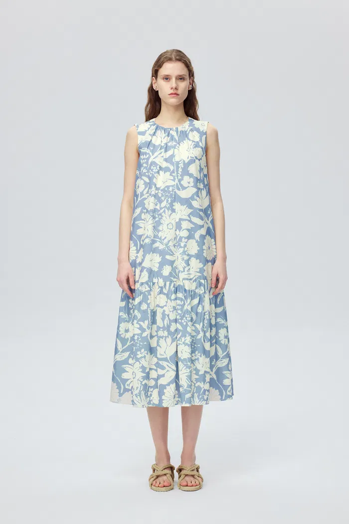 Sky Flora Print Sleeveless Dress in Cotton Poplin