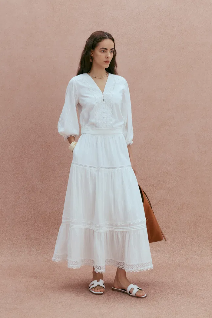 Elli Embroidery Puff Sleeve Blouse Top and Maxi Skirt Matching Set in Cotton
