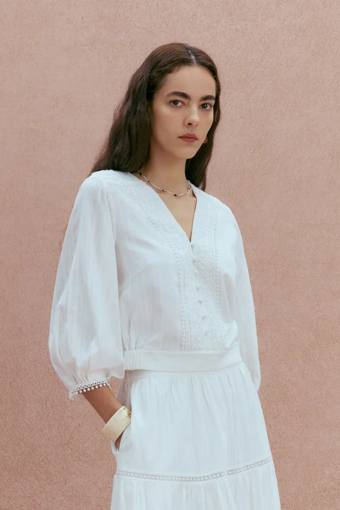 Elli Embroidery Puff Sleeve Blouse Top and Maxi Skirt Matching Set in Cotton