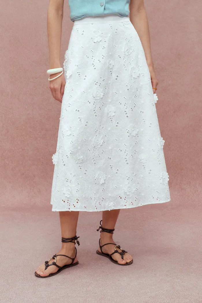 Olivia Hand Stitched Flora Applique Maxi Skirt in Cotton