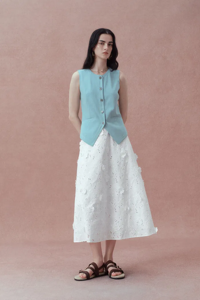 Olivia Hand Stitched Flora Applique Maxi Skirt in Cotton