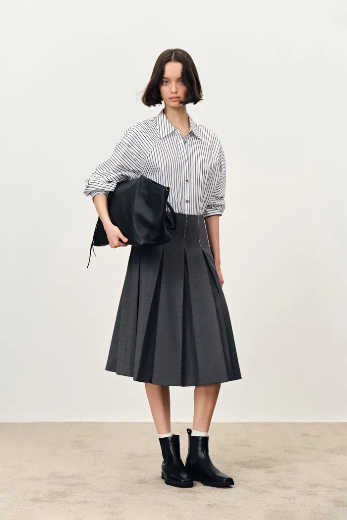 Ava Hand Embroidered Topstitching Midi Pleated Skirt in Australian Merino Wool
