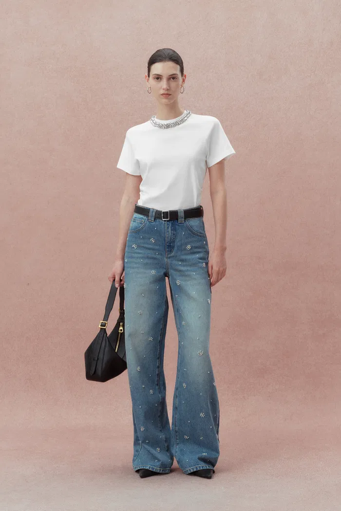 Becky Detachable Jewel Collar Short Sleeved T-Shirt in Ribbed Cotton