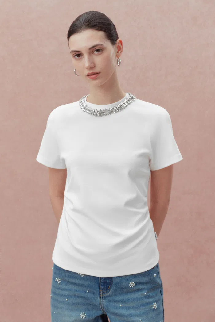 Becky Detachable Jewel Collar Short Sleeved T-Shirt in Ribbed Cotton