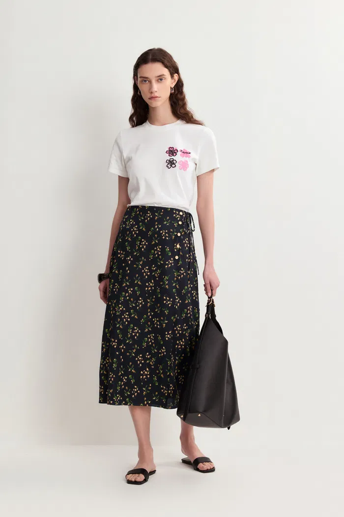 Zinnia French Floral Midi Skirt in Mulberry Silk Crepe