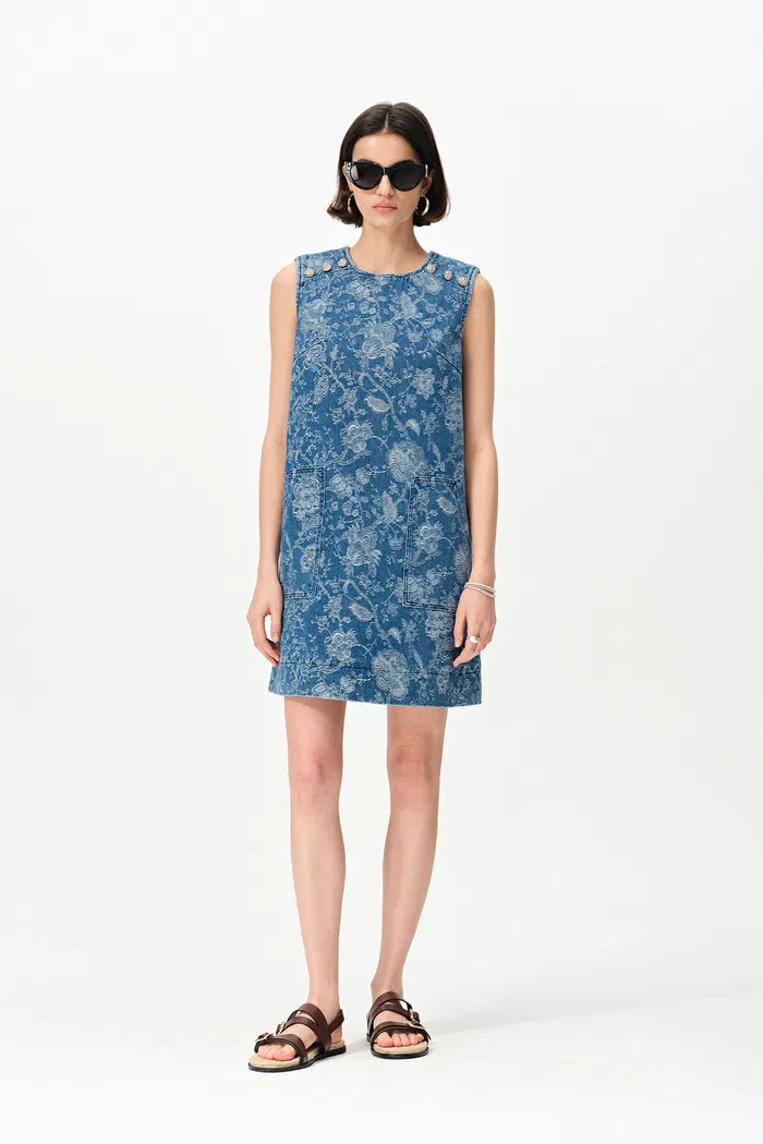 Iris Flora Laserwork Round Neck Short Dress in Cotton Denim